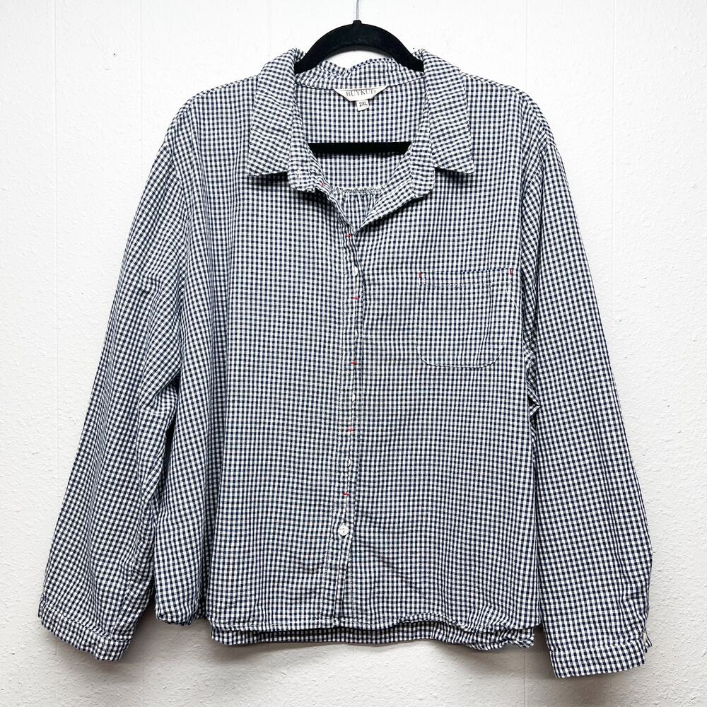 Buykud Linen Cotton Gingham Print Shirt Womens 2XL Breathable Casual Workwear